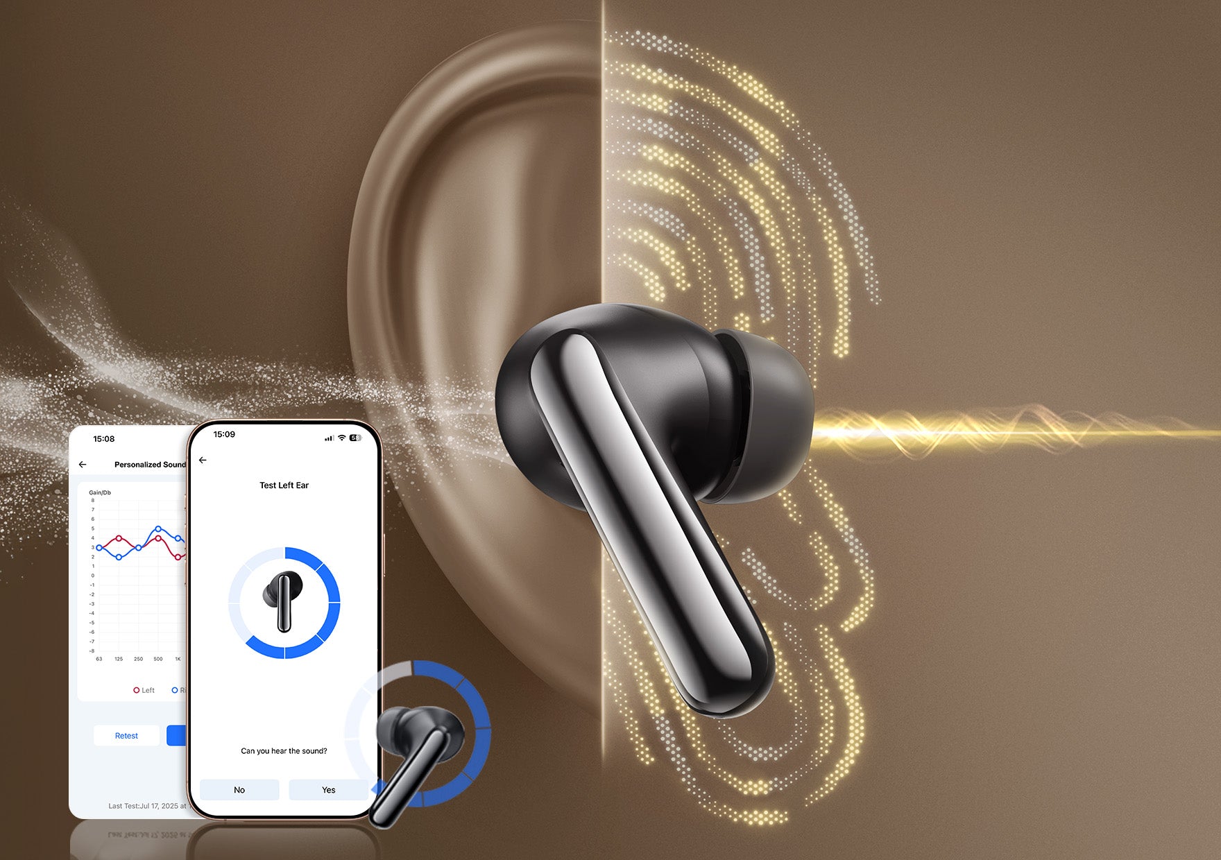 Auriculares inalámbricos negros con aplicación para sonido personalizado y prueba auditiva, representados con una oreja estilizada y una onda sonora