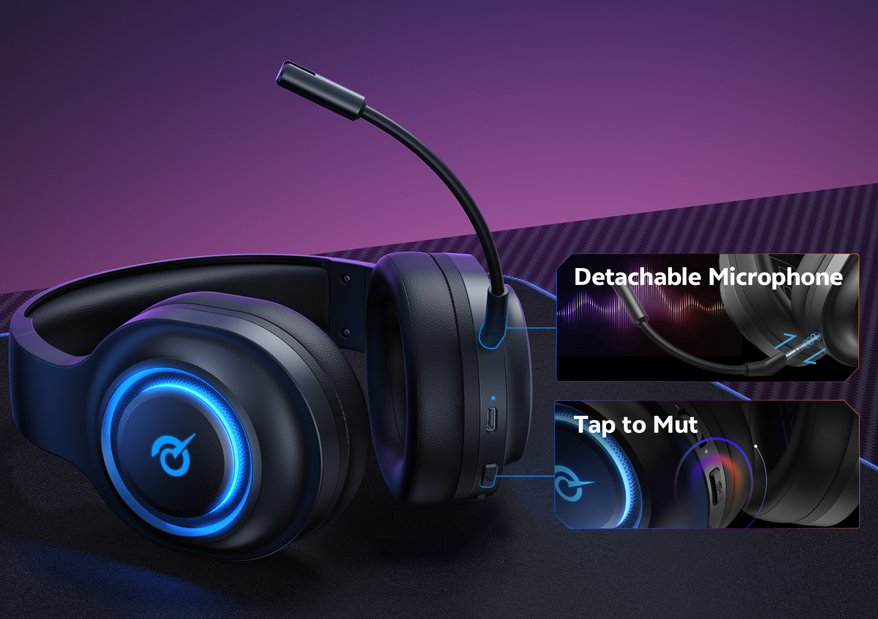 Auriculares de juego negros con micrófono desmontable y función de silencio táctil.