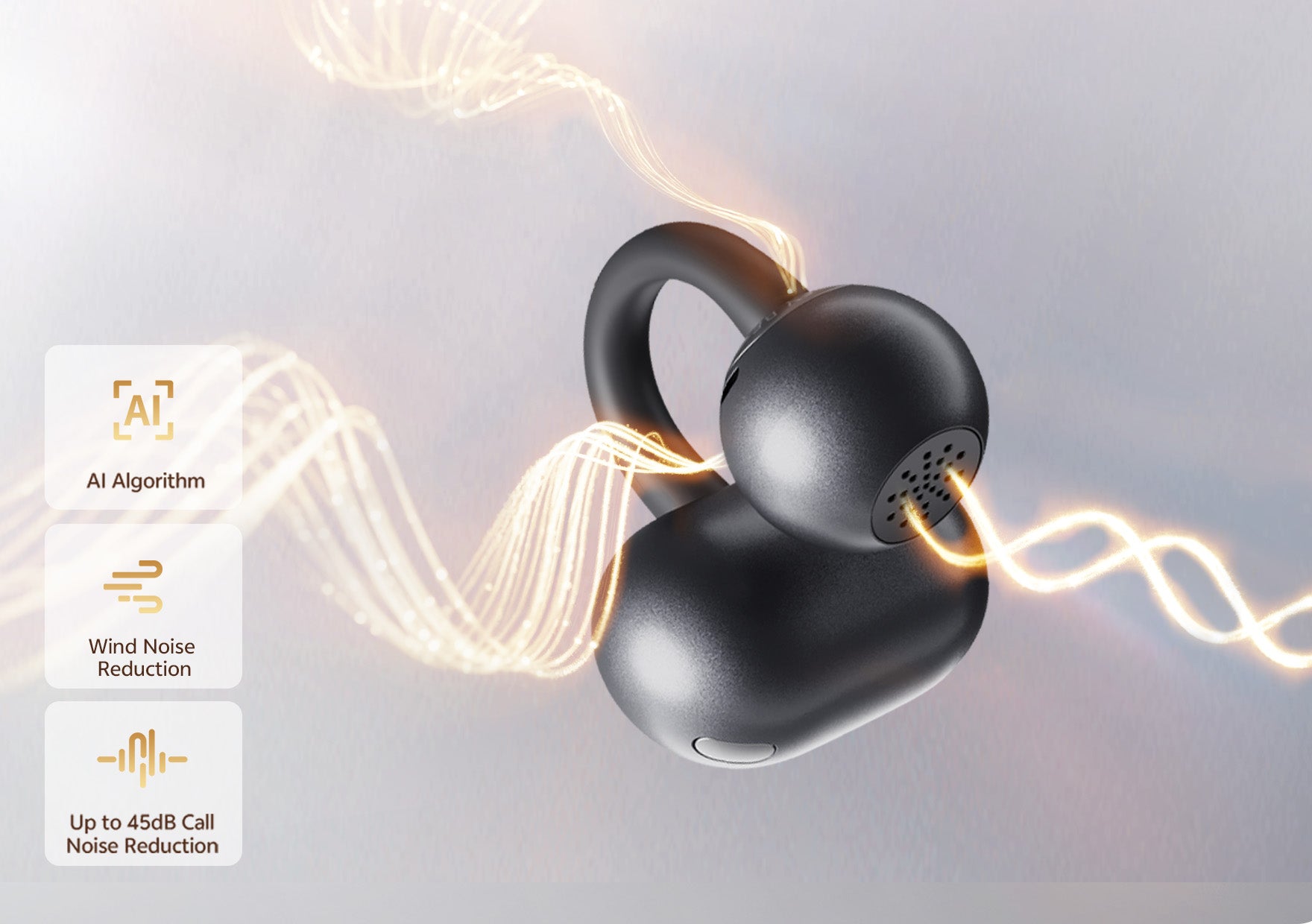 Auriculares inalámbricos negros con algoritmo de IA y cancelación de ruido de viento. Hasta 45dB de reducción de ruido para llamadas claras.