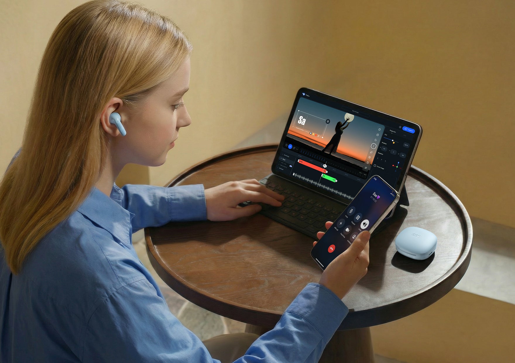 Mujer con auriculares azules trabaja en laptop y smartphone, al lado estuche de carga de auriculares sobre la mesa.