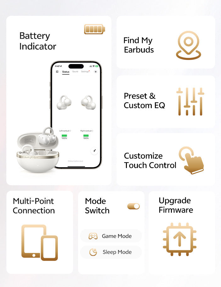 Auriculares Bluetooth con control por app: batería, ecualizador, control táctil, multipunto y actualización de firmware.