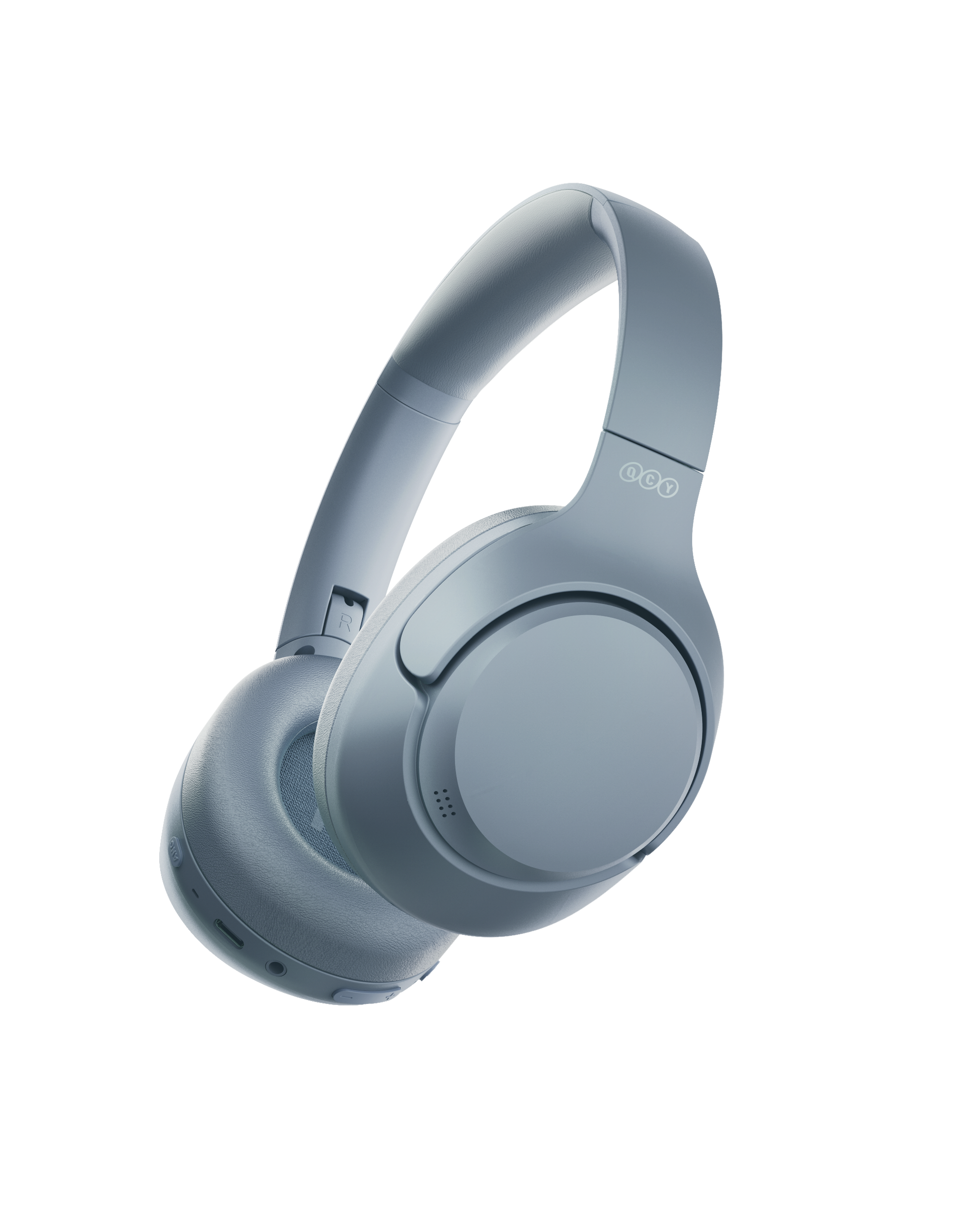 Auriculares inalámbricos QCY H3 Over-Ear en azul grisáceo, vista de 45 grados desde la derecha, detalles ergonómicos curvos.
