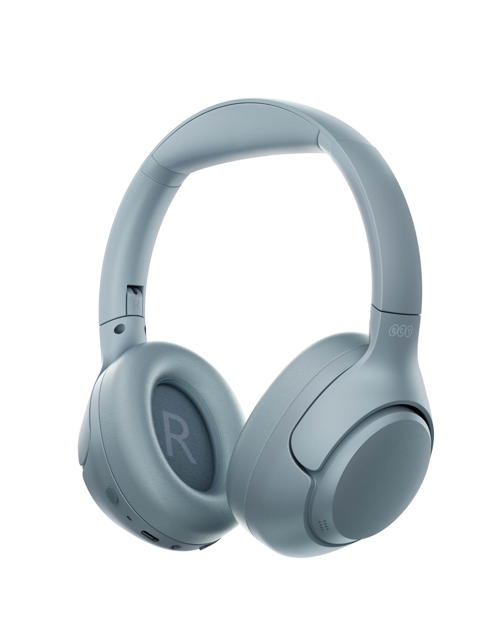 Auriculares inalámbricos QCY H3 Over-Ear azul grisáceo, vista frontal ligeramente inclinada hacia la derecha con el logo R en la almohadilla derecha, certificado Hi-Res Audio.