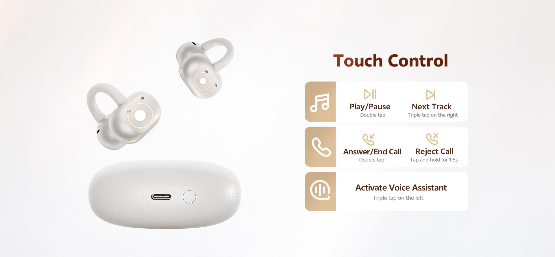 Auriculares inalámbricos blancos con control táctil y estuche de carga.