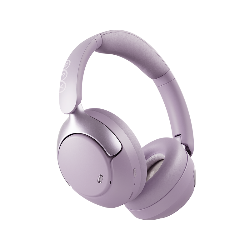 Auriculares QCY H3 Pro lila Over-Ear en vista de tres cuartos con almohadillas suaves destacadas