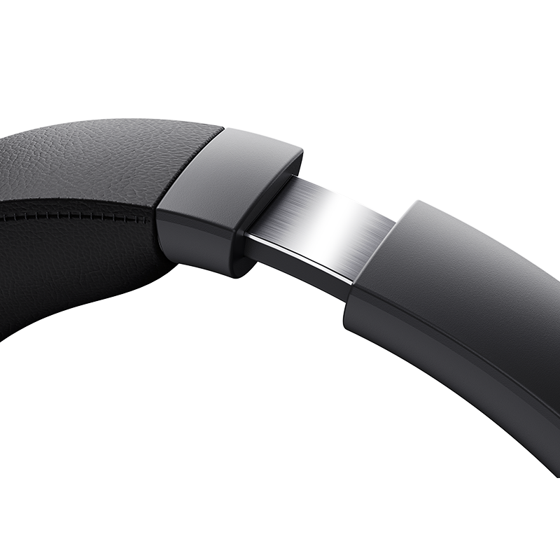 Primer plano de la diadema negra del QCY H3 Pro con deslizador metálico ajustable y parte inferior acolchada