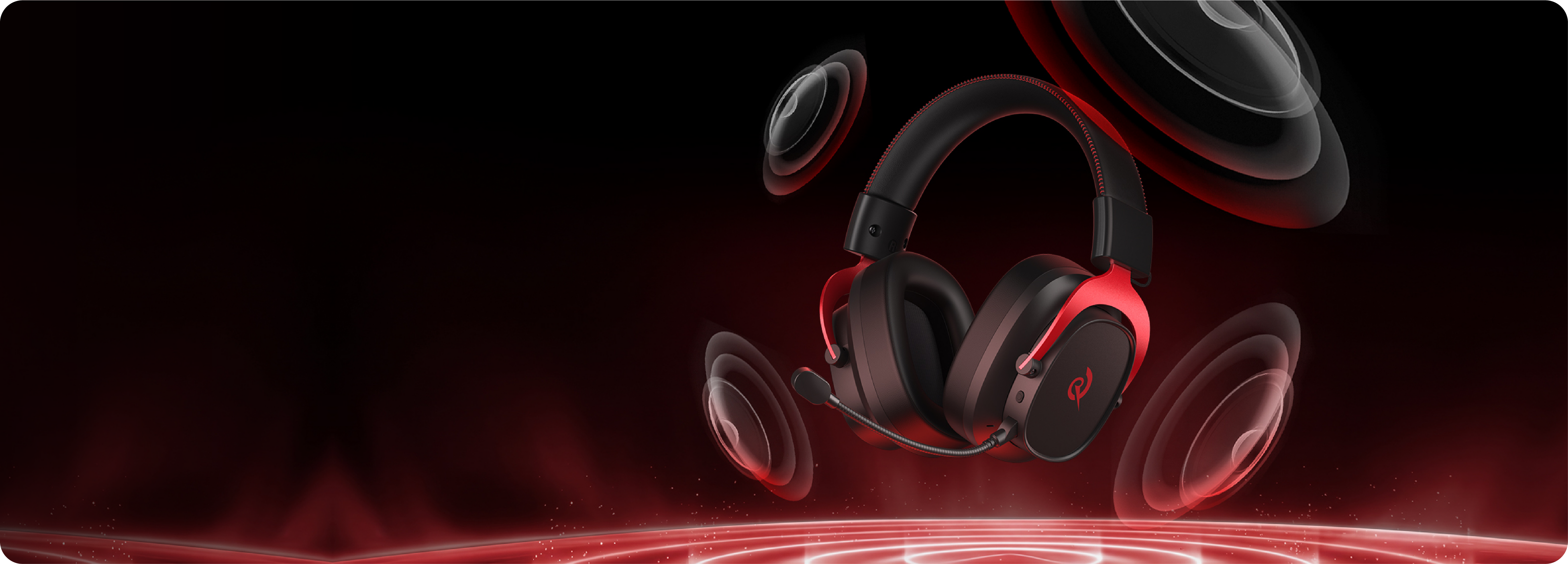Auriculares para juegos Razer con acento rojo y micrófono, rodeados de ondas sonoras dinámicas sobre un fondo oscuro.