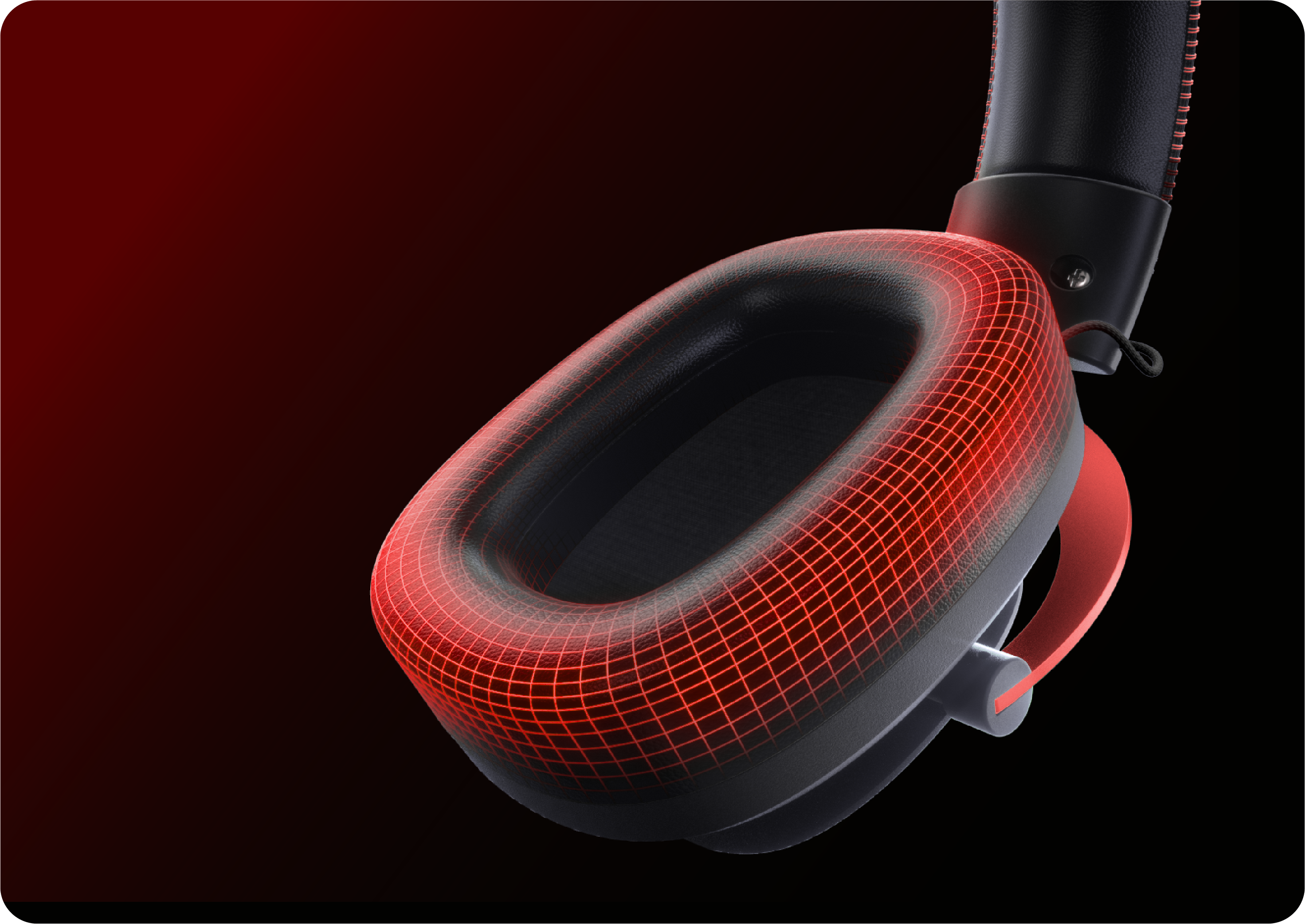 Auriculares rojos con estructura de malla 3D, diseño negro y rojo, auricular moderno para calidad de sonido y comodidad óptimas.