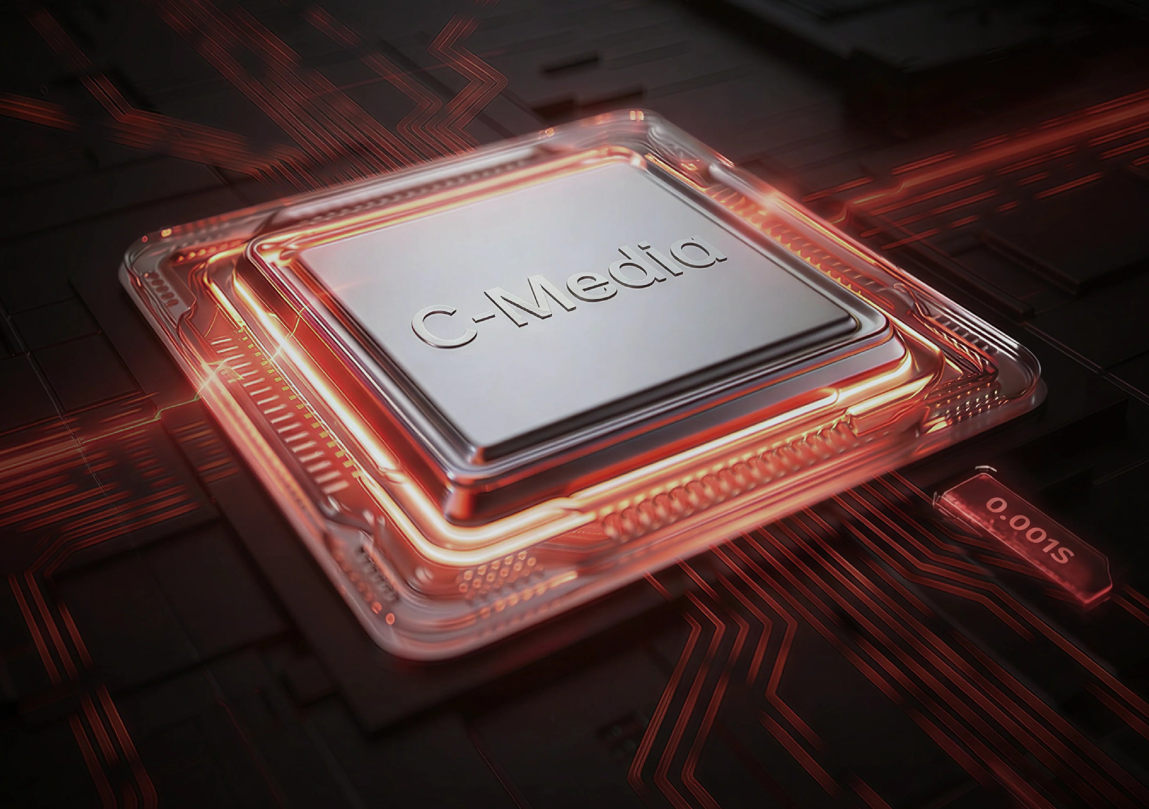Chip C-Media con líneas rojas brillantes sobre una placa de circuito futurista.