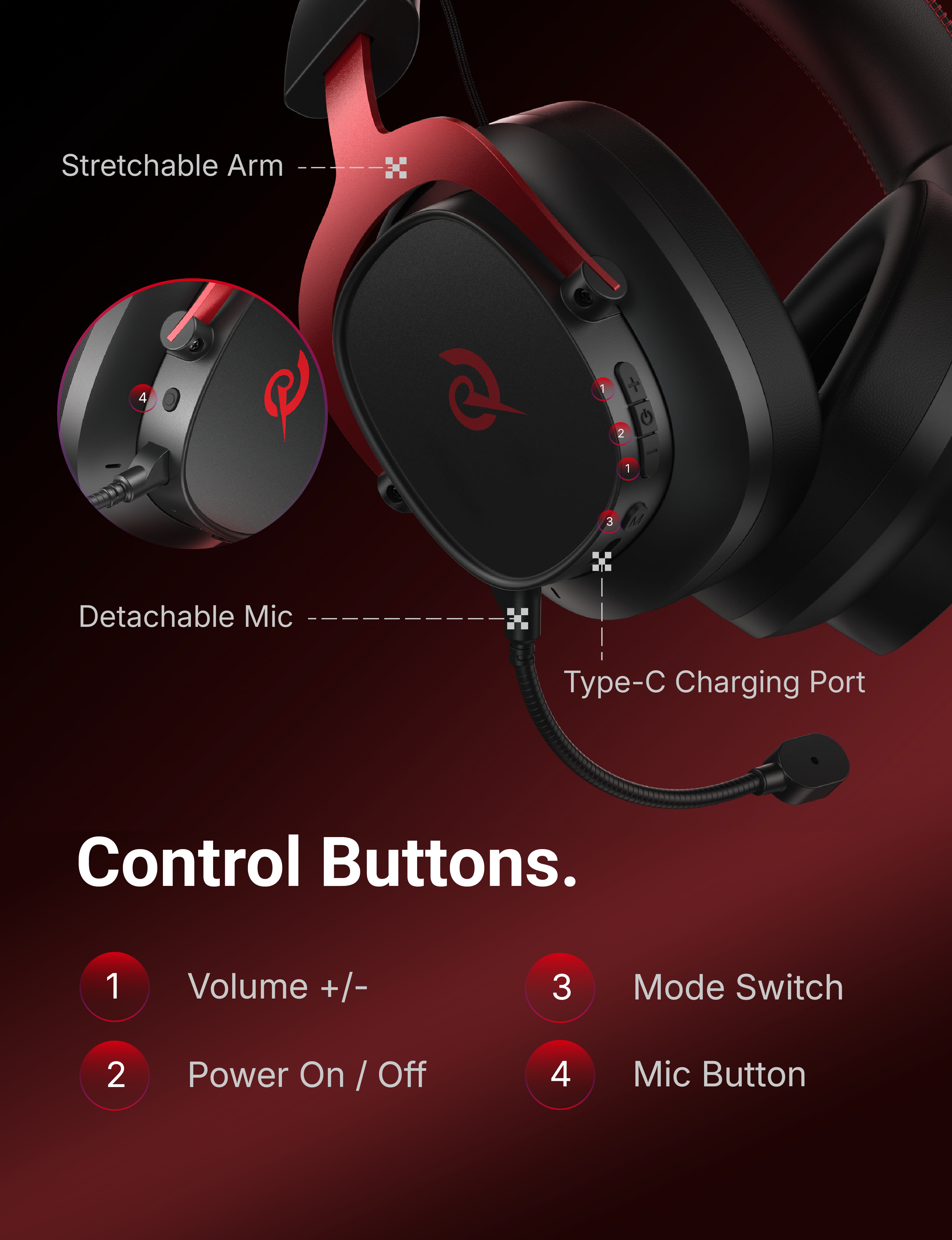 Auriculares para juegos con micrófono desmontable, puerto de carga Type-C y controles para volumen, modo y micrófono.