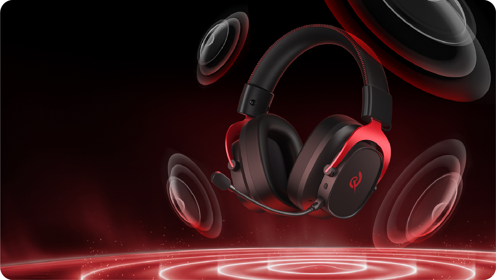 Auriculares para juegos Razer con acento rojo y micrófono, rodeados de ondas sonoras sobre un fondo oscuro