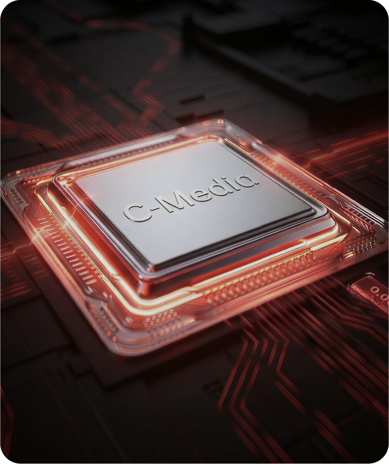Chip C-Media en placa de circuito con líneas de corriente rojas brillantes