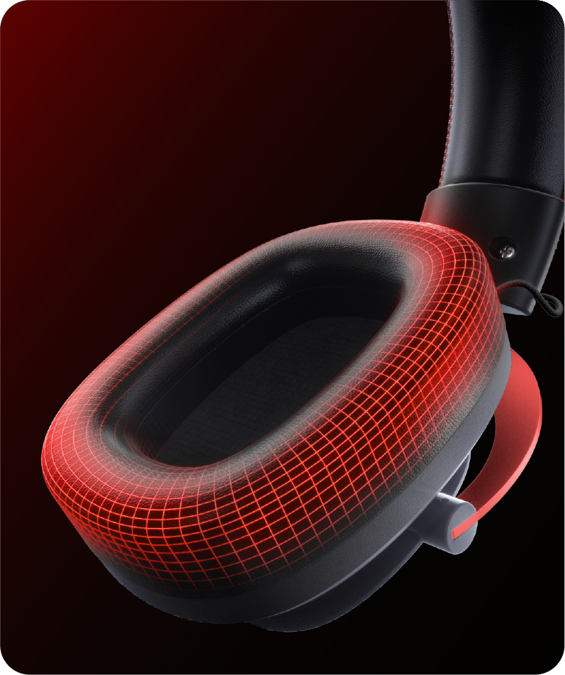 Auriculares rojos con almohadillas negras y patrón de rejilla rojo, diseño moderno, tecnología de audio de alta calidad