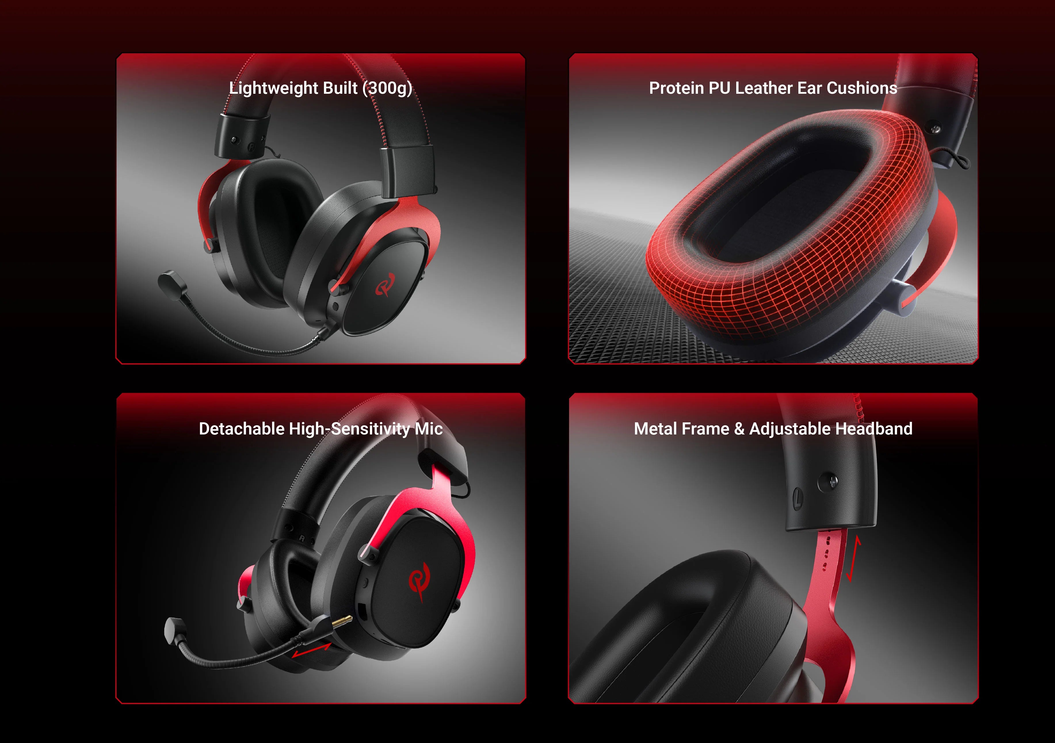 Auriculares para juegos ligeros con almohadillas de proteína de PU, micrófono desmontable y estructura metálica ajustable