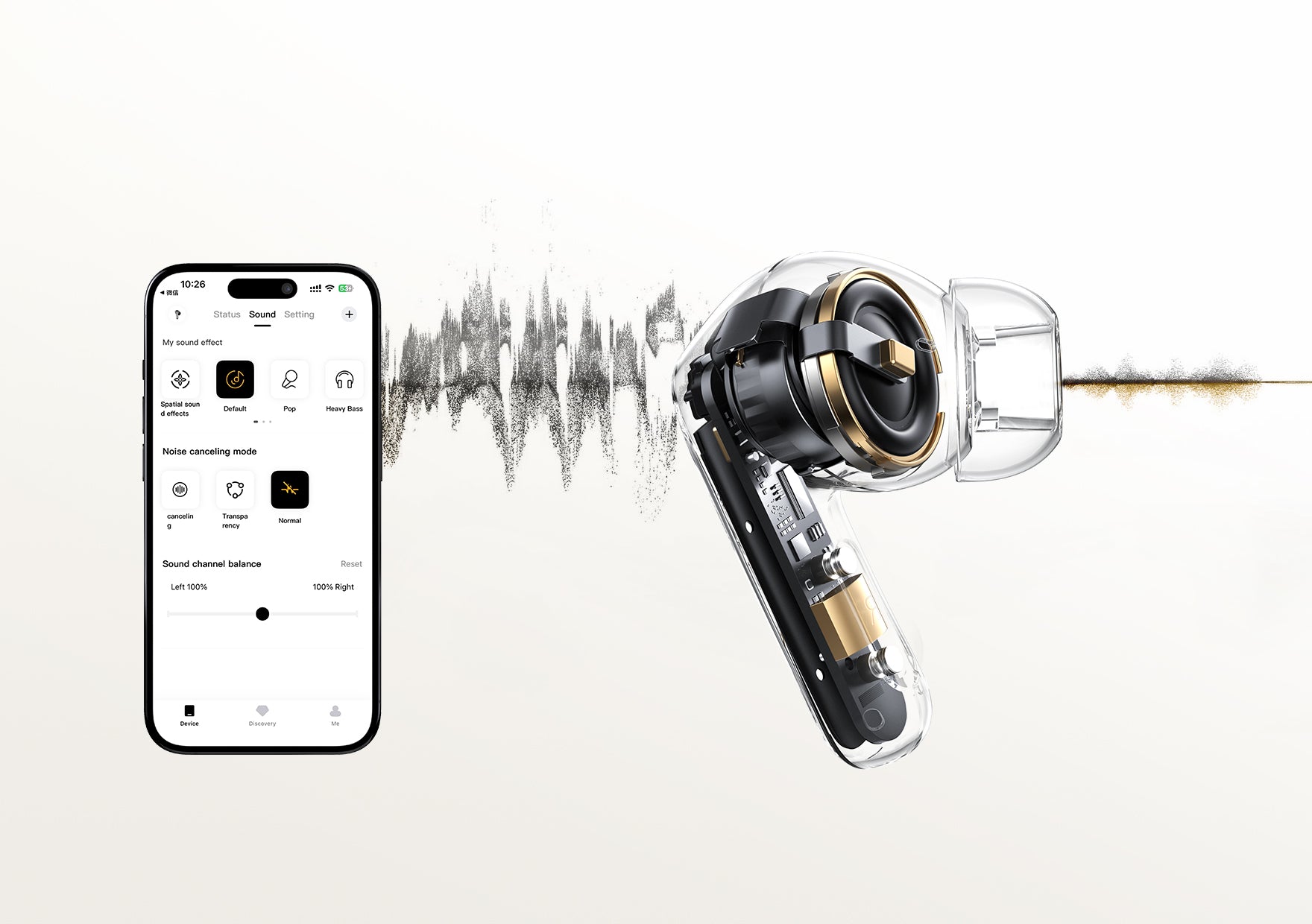 Auriculares inalámbricos con control por app para cancelación de ruido y optimización del sonido, diseño transparente con acentos dorados