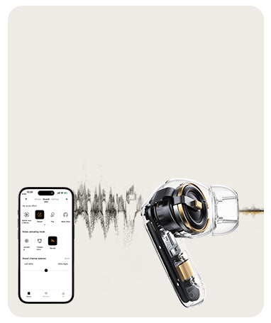 Auriculares Bluetooth con control por app y visualización de ondas sonoras, diseño moderno con carcasa transparente