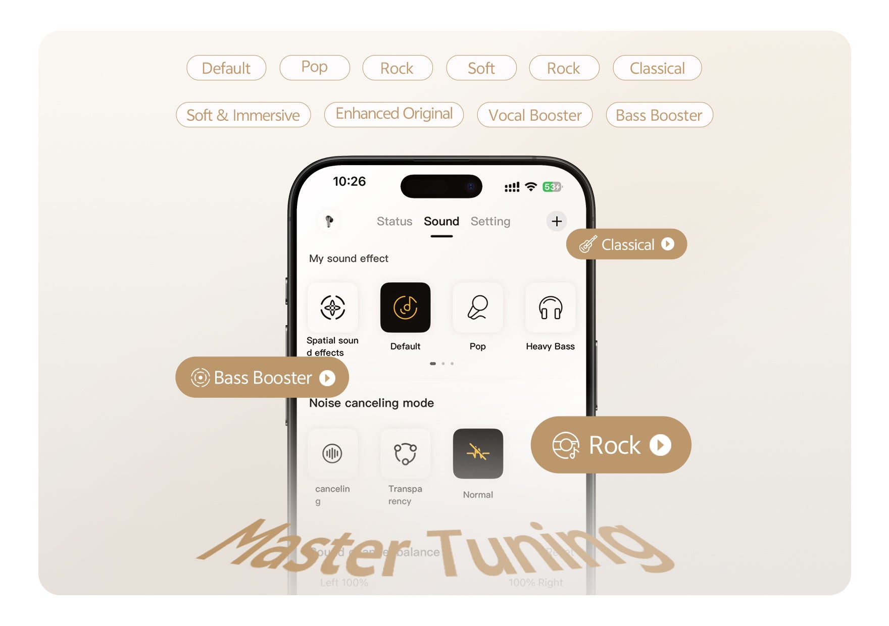 Teléfono inteligente con ajustes de sonido: Predeterminado, Pop, Rock, Clásico, Potenciador de graves. Aplicación Master Tuning.