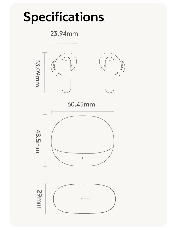 Especificaciones de los auriculares inalámbricos con dimensiones y estuche de carga.