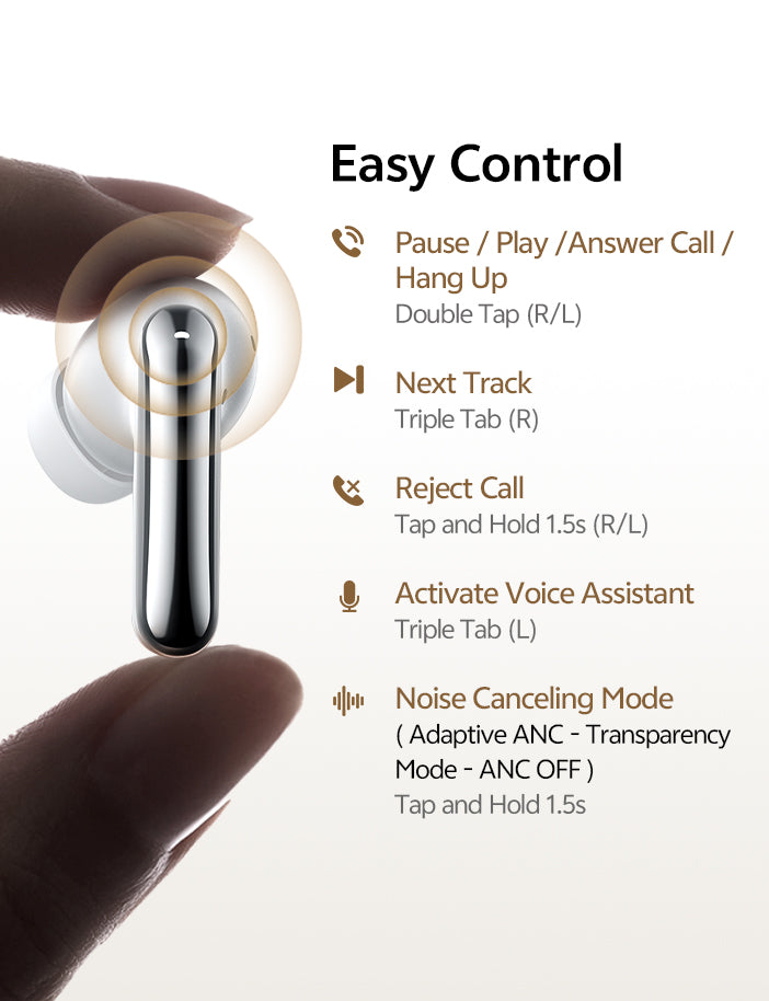 Auriculares True Wireless plateados con control táctil para música, llamadas y ANC.