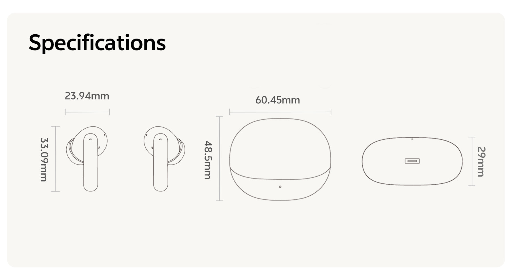 Especificaciones técnicas de los auriculares inalámbricos y estuche de carga con dimensiones.