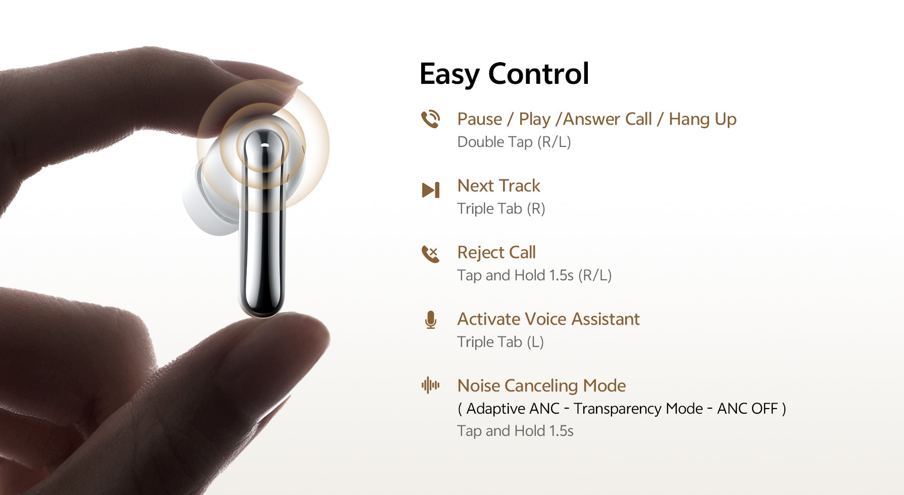 Dedo sostiene auriculares intrauditivos blancos con control táctil para música y llamadas.