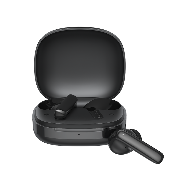 Auriculares Bluetooth QCY T13 Pro en negro, con estuche de carga y un auricular sacado.