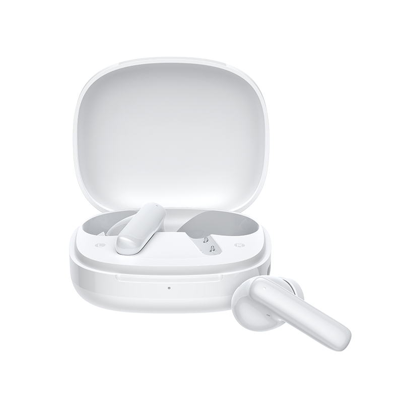 Auriculares inalámbricos QCY T13 Pro en estuche de carga blanco, uno sacado, diseño moderno, auriculares Bluetooth con calidad de sonido