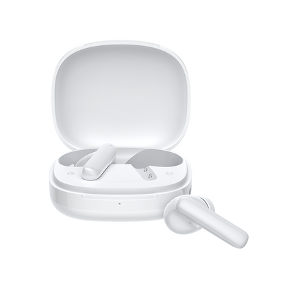 Auriculares inalámbricos QCY T13 Pro en estuche de carga blanco, uno sacado, diseño moderno, auriculares Bluetooth con calidad de sonido