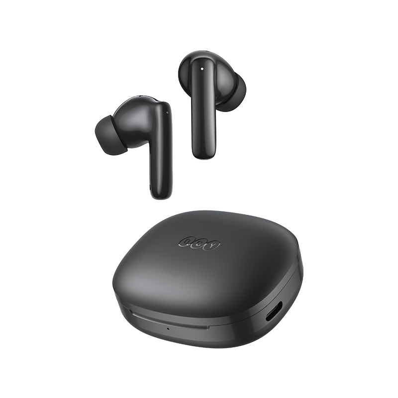 Auriculares True Wireless QCY T13 Pro con estuche de carga, negro, diseño moderno y conexión Bluetooth.