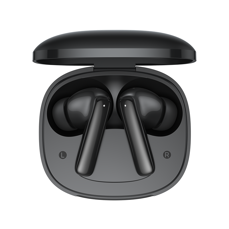 Auriculares True Wireless QCY T13 Pro en negro, estuche de carga abierto con auriculares izquierdo y derecho señalados.