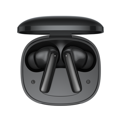Auriculares True Wireless QCY T13 Pro en negro, estuche de carga abierto con auriculares izquierdo y derecho señalados.