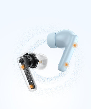 Auriculares Bluetooth con carcasa transparente y almohadilla azul, detalles de diseño modernos y acentos naranjas.