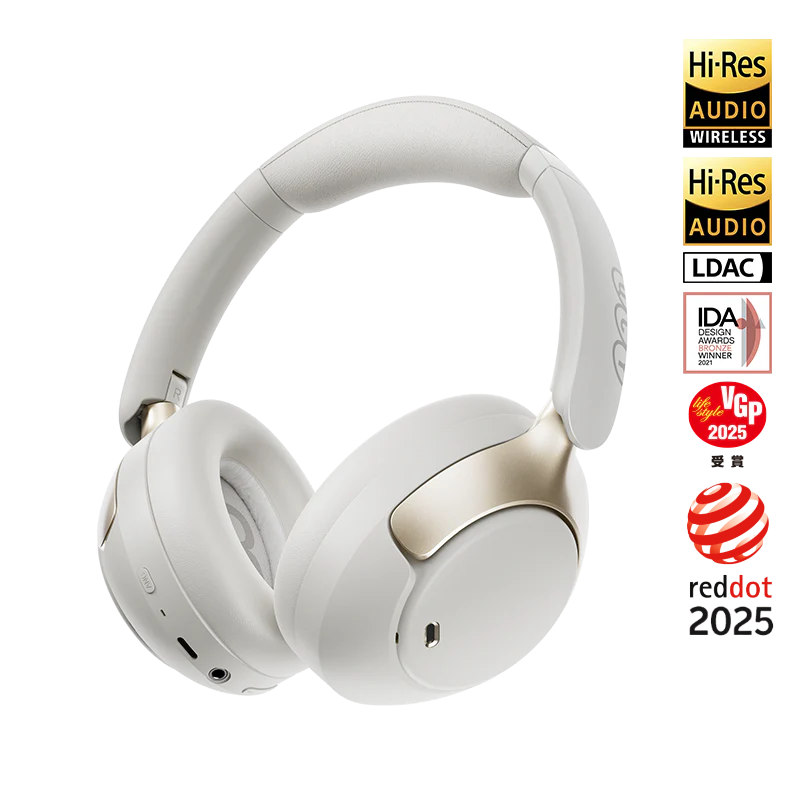 Auriculares Bluetooth Over-Ear QCY H3 Pro blancos con acentos dorados y certificaciones Hi-Res Audio, LDAC, iF Design y VGP 2025