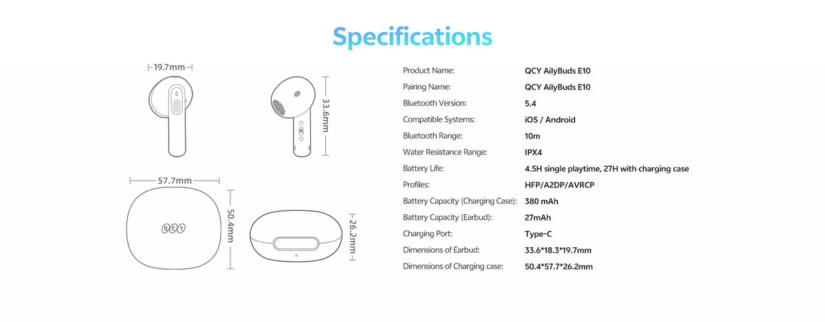 Auriculares Bluetooth QCY AilyBuds E10 con estuche de carga, impermeables IPX4, Bluetooth 5.4, batería de 4,5 h, compatibles con iOS y Android