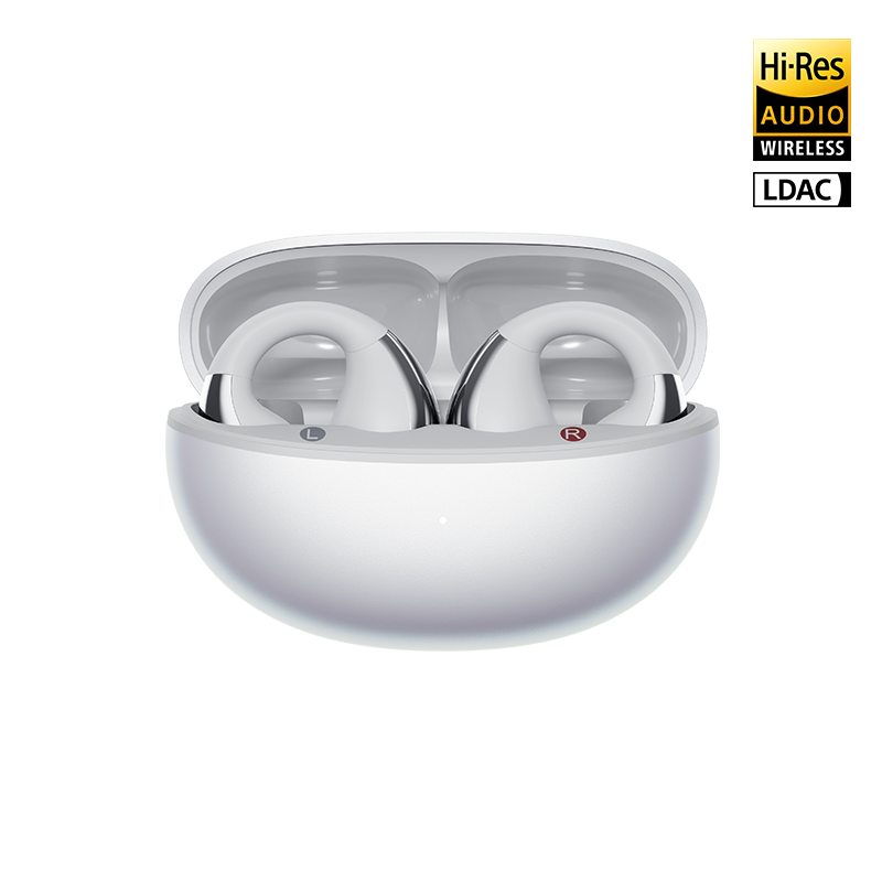 Auriculares abiertos blancos QCY Crossky C30S en estuche de carga abierto, vista frontal, con distintivos de audio inalámbrico Hi-Res y LDAC