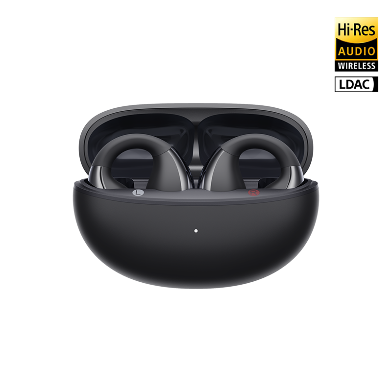 Auriculares abiertos QCY Crossky C30S negros en estuche de carga abierto, vista frontal, con insignias de audio inalámbrico Hi-Res y LDAC