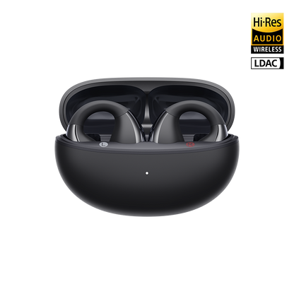 Auriculares abiertos QCY Crossky C30S negros en estuche de carga abierto, vista frontal, con insignias de audio inalámbrico Hi-Res y LDAC