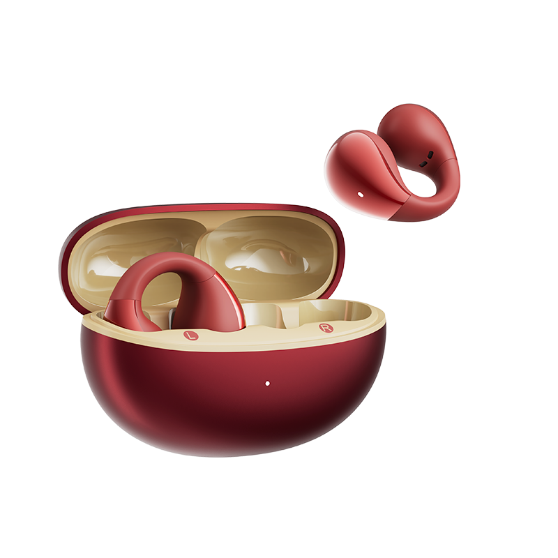 QCY Crossky C30S auriculares abiertos rojos con estuche de carga abierto en vista inclinada, un auricular en el estuche, el otro flotando encima