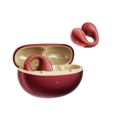 QCY Crossky C30S auriculares abiertos rojos con estuche de carga abierto en vista inclinada, un auricular en el estuche, el otro flotando encima