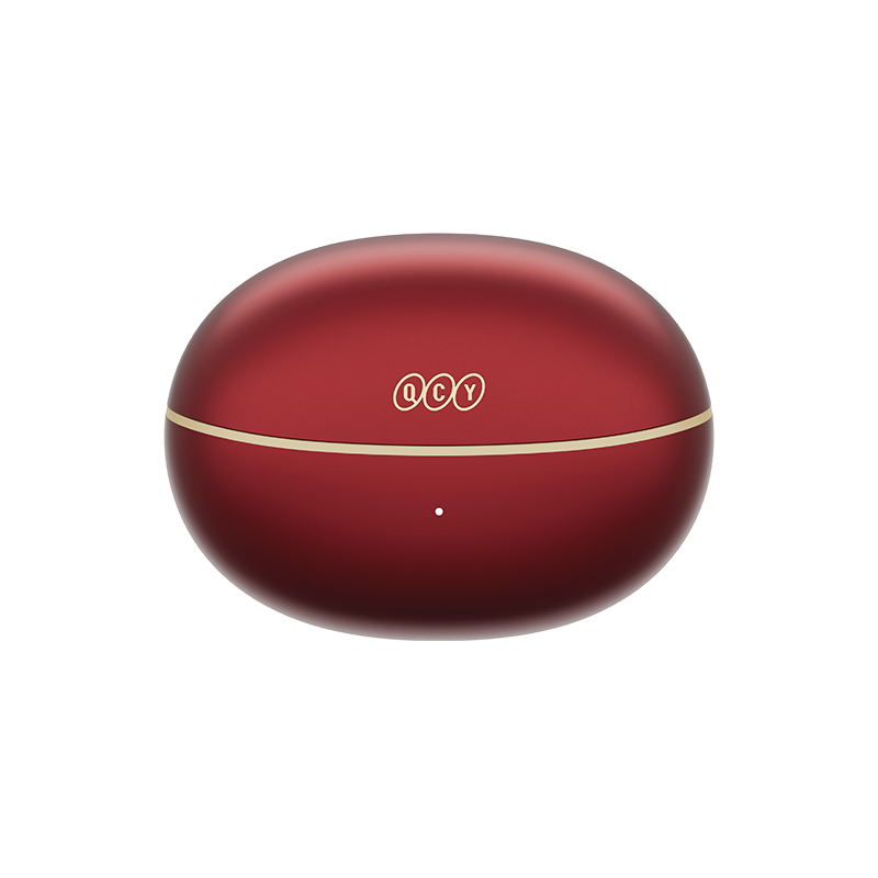 QCY Crossky C30S estuche de carga rojo cerrado, vista frontal con el logo de QCY y pantalla LED