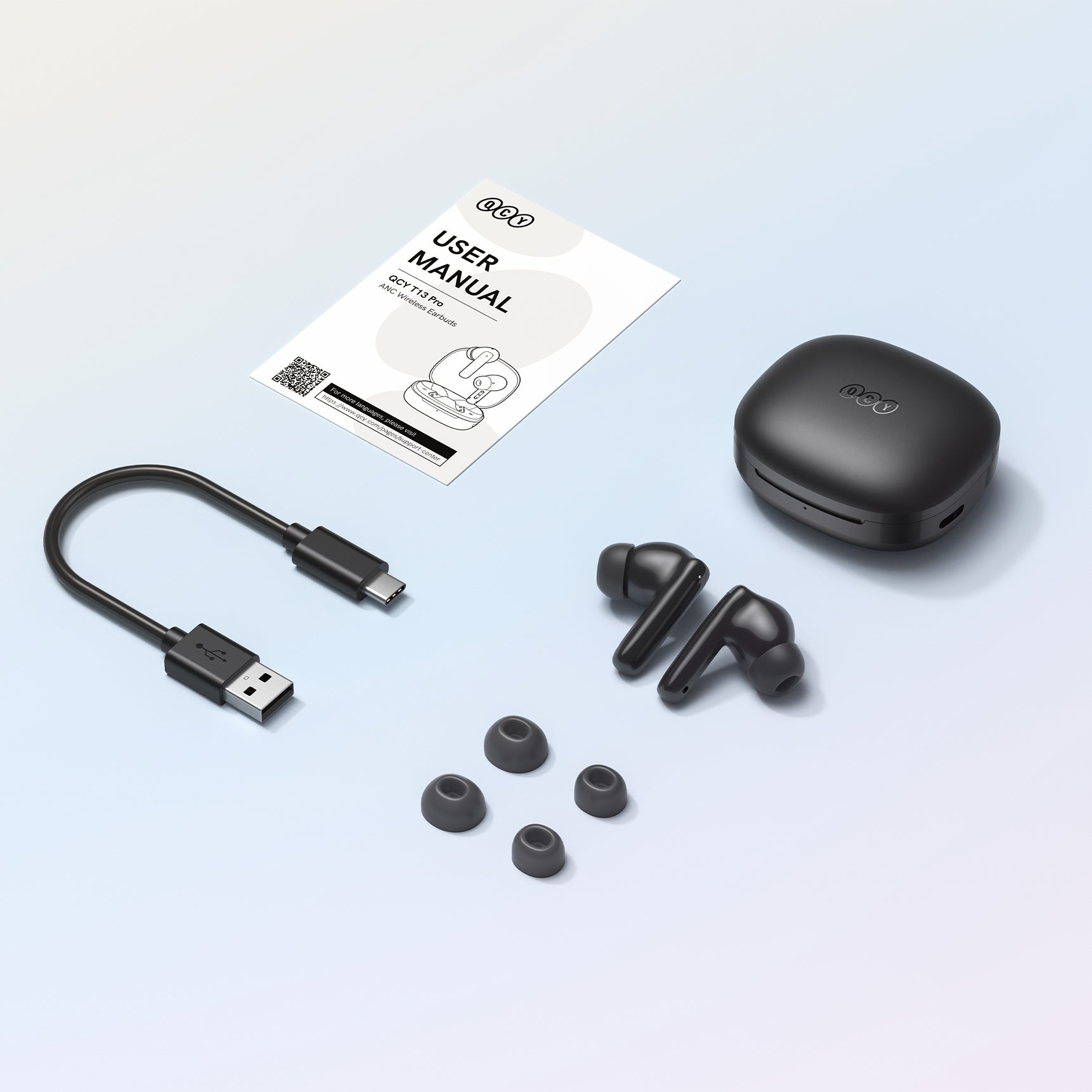 Auriculares Bluetooth QCY T13 Pro con estuche de carga, cable USB-C y almohadillas de silicona de repuesto: conjunto completo para una experiencia auditiva óptima