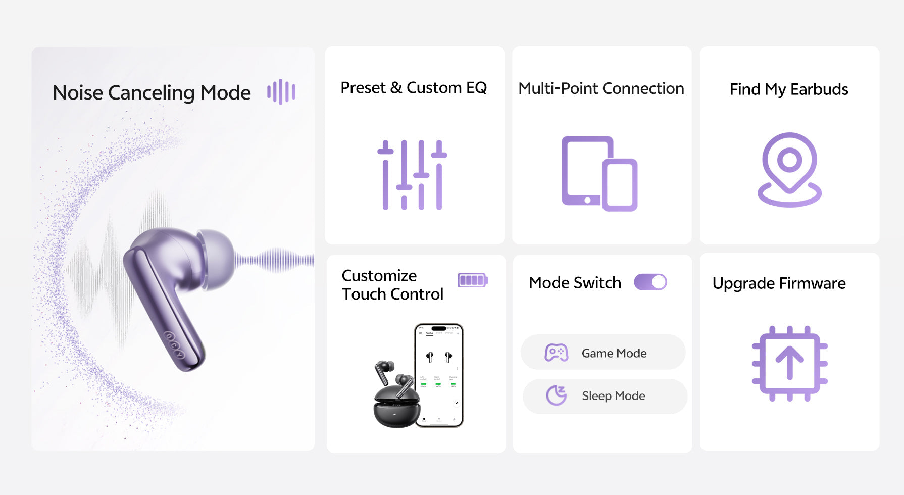 Auriculares silenciosos con cancelación de ruido, control táctil y conexión multipunto.
