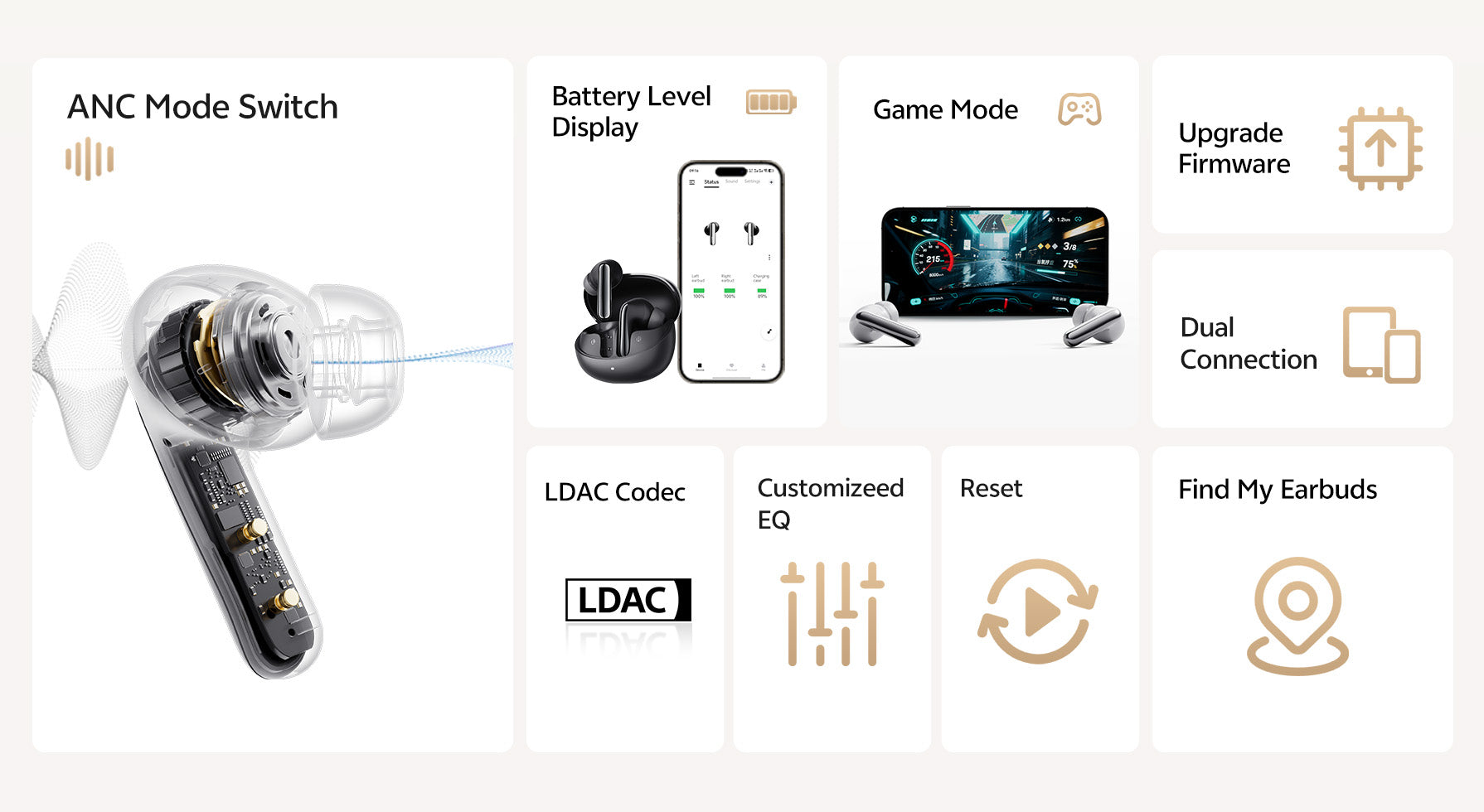 Auriculares Bluetooth transparentes con ANC, LDAC y modo juego.
