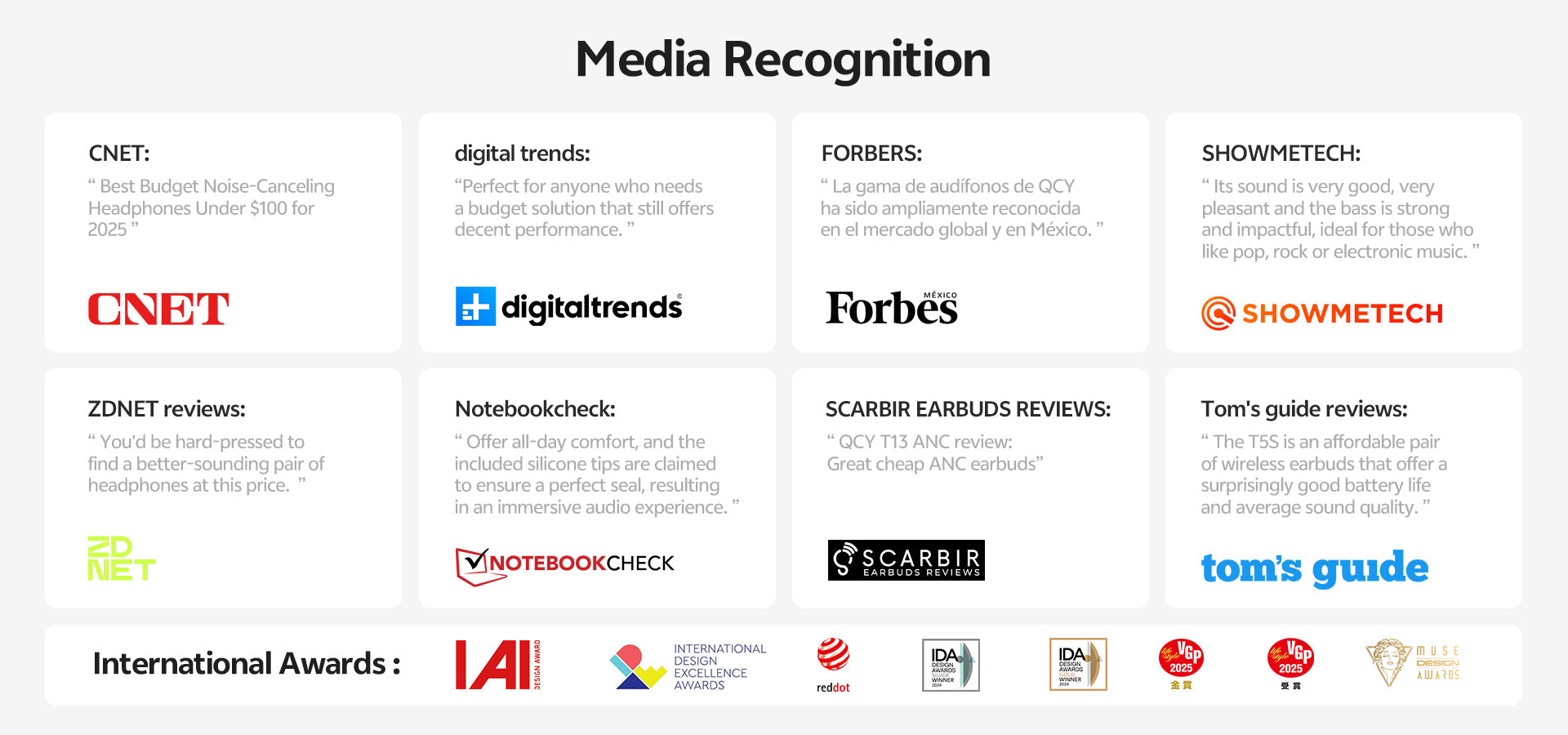 Premios de medios y galardones internacionales para auriculares QCY.