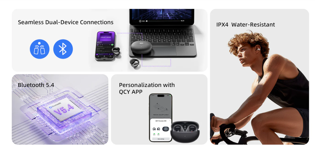 Auriculares Bluetooth QCY: conexión dual, impermeables IPX4, Bluetooth 5.4 y control por app para deporte y uso diario.