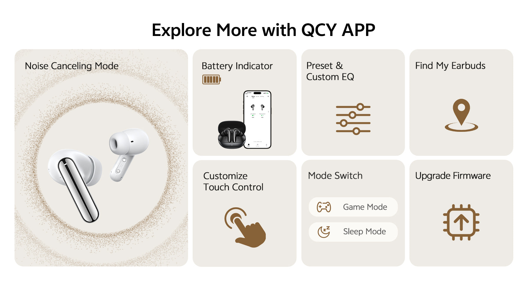 Auriculares QCY con cancelación de ruido, ajuste de ecualizador y control por app.