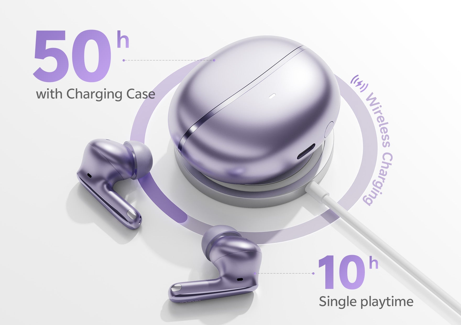 Auriculares inalámbricos morados con estuche de carga: 50 h de duración de batería, 10 h de reproducción individual, carga inalámbrica.