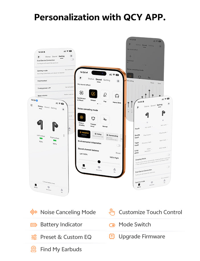 Aplicación QCQ para configuraciones personalizadas: cancelación de ruido, control táctil, indicador de batería y optimización de ecualizador para auriculares