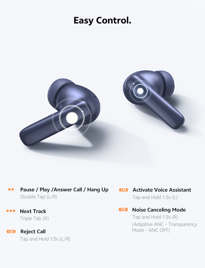 Auriculares Bluetooth con controles táctiles sencillos: pausa, siguiente canción, contestar llamadas y cancelación de ruido.