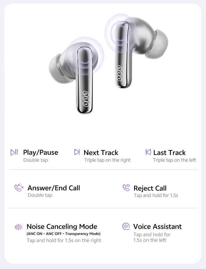 Auriculares inalámbricos intrauditivos plateados con control táctil: doble toque para reproducir/pausar, triple toque para cambiar de canción, mantener pulsado